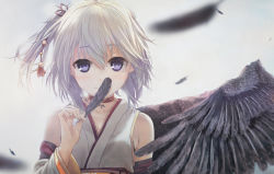 Rule 34 | 1girl, ai (re:lief), blue eyes, blurry, blurry foreground, choker, closed mouth, collarbone, detached sleeves, feathered wings, feathers, grey background, grey wings, hair between eyes, holding, holding feather, japanese clothes, kimono, kurono mitsuki, long sleeves, medium hair, re:lief ~shin&#039;ai naru anata e~, red choker, side ponytail, silver hair, single wing, sleeveless, sleeveless kimono, smile, solo, upper body, white kimono, white sleeves, wings