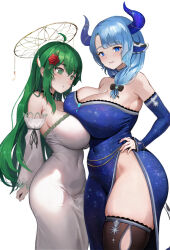 Rule 34 | 2girls, animal ears, asymmetrical docking, black bow, black thighhighs, blonde hair, blue eyes, blue hair, blush, bow, breast envy, breast press, breasts, commentary, covered navel, cow ears, detached sleeves, drawfag, dress, english commentary, green eyes, hair behind ear, hair bow, hair over shoulder, halo, hand on own hip, highres, horns, huge breasts, indie virtual youtuber, koopa fortuna, large breasts, medium hair, miilkywayz, multiple girls, skindentation, sleeves past wrists, smile, strapless, strapless dress, surprised, thick thighs, thighhighs, thighs, virtual youtuber