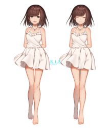 Rule 34 | 1girl, arms behind back, bare arms, bare shoulders, barefoot, brown eyes, brown hair, collarbone, dress, earrings, feet, frilled dress, frills, full body, highres, jewelry, kayase, multiple views, original, pendant, pleated dress, short dress, short hair, simple background, sleeveless, sleeveless dress, standing, sundress, toenails, white background, white dress