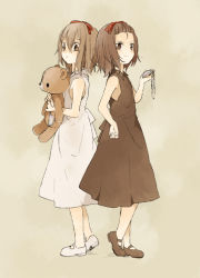 Rule 34 | 2girls, alternate hairstyle, back-to-back, brown eyes, brown hair, child, dress, dual persona, forehead, hand on own hip, high ponytail, hugging doll, hugging object, mary janes, multiple girls, namori, no socks, persona, persona 1, pocket watch, shoes, short hair, siblings, sisters, sonomura maki, stuffed animal, stuffed toy, tears, teddy bear, watch