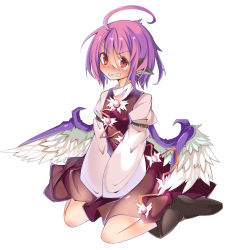 Rule 34 | 1girl, ahoge, annoyed, blush, boots, buckle, clenched teeth, full-face blush, full body, highres, mystia lorelei, pink hair, red eyes, rurisakura, short hair, sitting, sleeves past wrists, solo, tears, teeth, touhou, v arms, wariza, white background, wide sleeves, wings