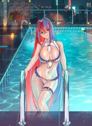 Rule 34 | 1girl, alear (female) (fire emblem), alear (fire emblem), alternate costume, bikini, blue eyes, blue hair, breasts, cityscape, commission, commissioner upload, corrupted file, fire emblem, fire emblem engage, hairband, heterochromia, highres, large breasts, long hair, looking at viewer, multicolored hair, navel, necktie, nintendo, non-web source, pool ladder, poolside, red eyes, red hair, shizuko hideyoshi, swimsuit, two-tone hair, very long hair, wet