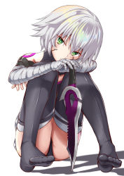 Rule 34 | 1girl, absurdres, ass, bandaged arm, bandages, black shirt, chall (eva2ooo1), commentary request, dagger, facial scar, fate/grand order, fate (series), feet, green eyes, hair between eyes, head tilt, highres, holding, holding dagger, holding knife, holding weapon, jack the ripper (fate/apocrypha), knife, looking at viewer, no shoes, scar, scar across eye, scar on cheek, scar on face, shirt, shoulder tattoo, silver hair, sleeveless, sleeveless shirt, solo, tattoo, thighhighs, toes, weapon