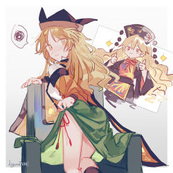 Rule 34 | 2girls, artist name, ass, black dress, black headwear, blonde hair, blush, chair, clothes lift, constellation print, crown, detached sleeves, dress, embarrassed, green skirt, highres, junko (touhou), kyuutame, long hair, looking at viewer, matara okina, multiple girls, neck ribbon, panties, pom pom (clothes), red eyes, red panties, ribbon, shirt, side-tie panties, skirt, skirt lift, sparkle, spoken squiggle, squiggle, tabard, thumbs up, touhou, underwear, very long hair, white shirt, wide sleeves, yellow eyes, yuri