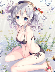 Rule 34 | 10s, 1girl, artist name, ass, bad id, bad pixiv id, beret, between legs, bikini, black bikini, black hat, blue eyes, blush, breasts, cleavage, collarbone, fish, flower, front-tie top, goldfish, hair flower, hair ornament, hand between legs, hat, kantai collection, kashima (kancolle), long hair, looking at viewer, looking up, medium breasts, open mouth, parted lips, seaweed, side-tie bikini bottom, silver hair, sitting, smile, solo, sousouman, swimsuit, twintails, underwater, wariza, wavy hair
