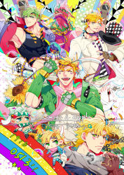 Rule 34 | 6+boys, bad id, bad pixiv id, blonde hair, bloody stream, bubble, caesar anthonio zeppeli, chibi, english text, facial mark, fingerless gloves, gloves, green hair, hat, headband, jojo no kimyou na bouken, male focus, multiple boys, multiple persona, official alternate costume, pink hair, rainbow, sakaumi, scarf, top hat, white hair, wrench