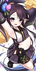 Rule 34 | 1girl, absurdres, armpits, arms up, black hair, blush, breasts, cheerleader, commentary request, commission, crop top, flower, hair flower, hair ornament, highres, holding, holding pom poms, long hair, looking at viewer, mitsukuni, navel, open mouth, pointy ears, pom pom (cheerleading), pom poms, sen no rikyuu (sengoku bushouki muramasa), sengoku bushouki muramasa, skeb commission, skirt, small breasts, smile, solo, sweat