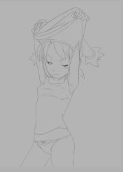 Rule 34 | 1girl, armpits, arms up, bow, bow panties, breasts, closed mouth, collarbone, covered erect nipples, lineart, long hair, looking at viewer, monochrome, natsume (saru getchu), one eye closed, panties, saru getchu, sean ryan, short twintails, simple background, small breasts, solo, twintails, underwear, undressing