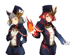 Rule 34 | 2girls, absurdres, animal ears, armor, bad id, bad pixiv id, belt, breasts, cat ears, cosplay, fire, gloves, hat, high collar, highres, huge filesize, looking at viewer, meleph (xenoblade), meleph (xenoblade) (cosplay), military, military hat, military uniform, morag ladair (xenoblade), multiple girls, nia (xenoblade), nintendo, pauldrons, poteto (potetosarada123), pyra (xenoblade), red eyes, ribbon, short hair, shoulder armor, simple background, small breasts, smile, swept bangs, uniform, white background, white gloves, xenoblade chronicles (series), xenoblade chronicles 2, yellow eyes