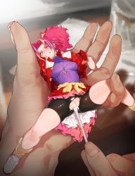 Rule 34 | 1girl, absurdres, bad id, bad pixiv id, bike shorts, blouse, censored, character request, clenched teeth, cotton swab, covered erect nipples, drooling, highres, holding, in palm, jewelry, mini person, minigirl, multicolored hair, necklace, ohisashiburi, one eye closed, parted bangs, pink hair, purple shirt, pussy, shirt, solo focus, spread legs, tears, teeth, torn bike shorts, torn clothes
