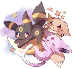 Rule 34 | :3, :o, = =, blush, brown eyes, chestnut mouth, closed eyes, closed mouth, creatures (company), crescent, eevee, espeon, fang, full body, game freak, gen 1 pokemon, gen 2 pokemon, highres, holding, nintendo, pokemon, pokemon (creature), saturn (planet), skin fang, star (symbol), ufo, umbreon, yupo 0322