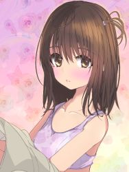 Rule 34 | 1girl, bare shoulders, blush, breasts, brown eyes, brown hair, floral background, looking at viewer, medium hair, miruriyurushi, one side up, original, parted lips, unworn shirt, small breasts, solo, sports bra, sweat, sweaty clothes, undressing, upper body