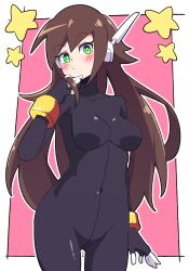 Rule 34 | 1girl, absurdres, aile (mega man zx), black bodysuit, blush, bodysuit, breasts, brown hair, buzzlyears, closed mouth, collarbone, covered collarbone, covered navel, green eyes, highres, long hair, looking at viewer, medium breasts, mega man (series), mega man zx, mega man zx advent, pink background, simple background, skin tight, solo