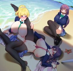 Rule 34 | 3girls, absurdres, alternate breast size, ayase eli, beach, beach towel, black footwear, black thighhighs, blonde hair, blue eyes, blue skirt, blush, bow, bowtie, breasts, brown eyes, commentary, commission, crying, crying with eyes open, day, english commentary, feet, gag, gagged, green bow, green bowtie, green eyes, green necktie, highres, huge breasts, improvised gag, large areolae, large breasts, legs, loafers, long hair, love live!, love live! school idol project, low twintails, miniskirt, multiple girls, navel, necktie, netorare, ninai, nipples, no shoes, nose blush, ocean, otonokizaka school uniform, outdoors, pink scrunchie, plaid, plaid skirt, pleated skirt, ponytail, puffy nipples, purple hair, red necktie, school uniform, scrunchie, second-party source, shoes, shrug (clothing), skirt, sonoda umi, streaming tears, tape, tape gag, tears, thighhighs, toes, tojo nozomi, towel, tribadism, twintails, uncensored, white scrunchie, yuri