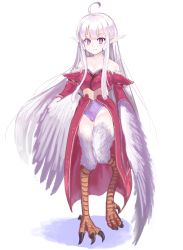 Rule 34 | 1girl, ahoge, bare shoulders, blunt bangs, claws, commentary request, detached sleeves, feathered wings, feathers, full body, harpy, highres, japanese clothes, kawasumi (tk2k jade), kimono, leotard, long hair, looking at viewer, monster girl, original, purple eyes, purple leotard, silver hair, simple background, smile, solo, standing, standing on one leg, white background, winged arms, wings