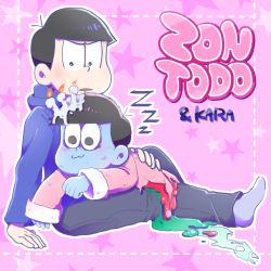 Rule 34 | 10s, 2boys, :3, bad id, bad twitter id, black hair, blue skin, brothers, candle, character name, colored skin, endou (endo solt), hood, hoodie, lying on lap, male focus, matsuno karamatsu, matsuno todomatsu, multiple boys, osomatsu-kun, osomatsu-san, osomatsu (series), pink background, santa costume, siblings, simple background, sitting, sleeping, sleeping with eyes open, sleeves rolled up, smile, star (symbol), starry background, zombie, zzz