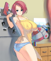 Rule 34 | 1girl, apron, ass, blue eyes, breasts, butt crack, covered erect nipples, hair ornament, hairclip, highres, huge breasts, kouno (masao), mature female, original, panties, photo (medium), red hair, short hair, smile, solo, striped clothes, striped panties, thighs, underwear