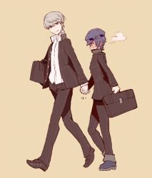 Rule 34 | 1boy, 1girl, bag, black bag, black footwear, black jacket, black pants, blue footwear, blue hair, blue headwear, blush, buttons, cabbie hat, closed mouth, collared shirt, commentary, couple, dated, full body, grey eyes, grey hair, hat, hetero, high collar, holding, holding bag, holding hands, horage love, jacket, looking at another, narukami yuu, open clothes, open jacket, pants, persona, persona 4, profile, reverse trap, school bag, school uniform, shirogane naoto, shirt, shoes, short hair, simple background, smile, symbol-only commentary, uniform, white shirt, yasogami school uniform