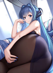 Rule 34 | 1girl, absurdly long hair, absurdres, animal ears, ass, azur lane, bare shoulders, black leotard, black pantyhose, blue eyes, blue hair, blue nails, bodystocking, fake animal ears, from behind, hair intakes, highres, hong bai, leotard, long hair, looking at viewer, looking back, lying, nail polish, new jersey (azur lane), new jersey (exhilarating steps!) (azur lane), official alternate costume, on side, pantyhose, playboy bunny, rabbit ears, see-through, solo, thighs, very long hair