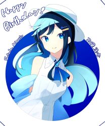 Rule 34 | 1girl, asymmetrical sidelocks, blue brooch, blue circle, blue eyes, blue hair, brooch, cevio, character name, circle, closed mouth, collared dress, colored inner hair, commentary, dress, english text, futaba minato, gradient neck ribbon, hair ornament, hairclip, happy birthday, highres, jewelry, long hair, looking at viewer, mo kiduti, multicolored hair, neck ribbon, ribbon, sleeveless, sleeveless dress, smile, solo, swept bangs, symbol-only commentary, upper body, white headwear