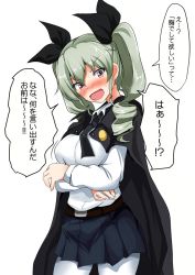 Rule 34 | 10s, 1girl, anchovy (girls und panzer), belt, black necktie, black skirt, blush, breast hold, breasts, cape, contrapposto, cowboy shot, drill hair, emblem, female focus, girls und panzer, green hair, hair ribbon, large breasts, long hair, long sleeves, looking at viewer, miniskirt, necktie, nose blush, open mouth, pantyhose, pleated skirt, poshi (ginmokusei), red eyes, ribbon, school uniform, shirt, skirt, solo, standing, translation request, tsurime, twin drills, twintails, white background, white pantyhose, white shirt