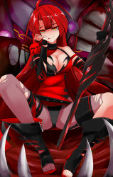 Rule 34 | 1girl, :p, ahoge, asymmetrical clothes, black footwear, black leotard, bloody queen (elsword), boots, breasts, brown eyes, cleavage, elesis (elsword), elsword, full body, grey pantyhose, highres, kotuzui yositune, large breasts, leotard, long hair, looking at viewer, pantyhose, red hair, sitting, smile, solo, spread legs, sword, tongue, tongue out, torn clothes, torn pantyhose, weapon