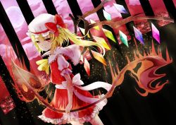 Rule 34 | 1girl, ascot, bad id, bad pixiv id, blonde hair, capelet, cloud, dutch angle, female focus, fire, flandre scarlet, flower, frown, full moon, hat, hat ribbon, laevatein, light particles, looking at viewer, mashiro aa, mob cap, moon, puffy short sleeves, puffy sleeves, purple sky, red eyes, ribbon, short hair, short sleeves, side ponytail, skirt, skirt set, sky, solo, spider lily, tears, touhou, wings