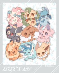 Rule 34 | :o, absurdres, animal focus, animal hands, blue eyes, brown eyes, chibi, creatures (company), eevee, english text, espeon, expressionless, fang, fins, flareon, floppy ears, fluffy, forehead jewel, game freak, gem, gen 1 pokemon, gen 2 pokemon, gen 4 pokemon, gen 6 pokemon, glaceon, grey background, head fins, hideko (l33l3b), highres, jolteon, leafeon, looking back, looking up, lying, nintendo, no humans, on back, on stomach, open mouth, outstretched paw, pink fur, pokemon, pokemon (creature), purple eyes, red eyes, red gemstone, ribbon, signature, sitting, smile, sweatdrop, sylveon, tearing up, tears, tongue, tongue out, twitter username, umbreon, vaporeon