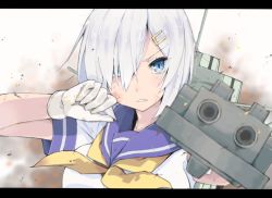 Rule 34 | 10s, 1girl, aiming, aiming at viewer, blood, blue eyes, blurry, clenched teeth, depth of field, gloves, gomashi (goma), grimace, hair ornament, hair over one eye, hairclip, hamakaze (kancolle), injury, kantai collection, letterboxed, looking at viewer, machinery, short hair, silver hair, solo, teeth, turret, white gloves