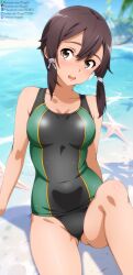 Rule 34 | 1girl, :d, arm support, asada shino, bare shoulders, beach, black one-piece swimsuit, blue sky, blurry, blurry background, blush, breasts, brown eyes, brown hair, cloud, collarbone, commentary, commentary request, competition swimsuit, cowboy shot, day, deviantart logo, deviantart username, english commentary, facebook logo, facebook username, german commentary, gluteal fold, green one-piece swimsuit, hair between eyes, hair ribbon, highres, looking at viewer, medium breasts, mixed-language commentary, no eyewear, one-piece swimsuit, open mouth, outdoors, partial commentary, pixiv id, pixiv logo, ribbon, short hair, shugo19, sitting, sky, smile, solo, swimsuit, sword art online, tress ribbon, twitch logo, twitch username, twitter logo, twitter username, two-tone one-piece swimsuit, variant set, water