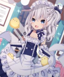Rule 34 | 1girl, :d, absurdres, aged down, animal, apron, apron hold, azur lane, belfast (azur lane), bird, blue dress, blue eyes, blurry, blurry background, blush, braid, depth of field, dress, dutch angle, elbow gloves, frilled apron, frills, gloves, hair between eyes, highres, indoors, little bel (azur lane), long hair, looking at viewer, one side up, open mouth, sapphire (sapphire25252), silver hair, sleeveless, sleeveless dress, smile, solo, waist apron, white apron, white gloves