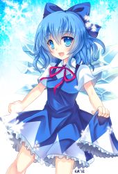 Rule 34 | 1girl, bad id, bad pixiv id, blue eyes, blue hair, bow, cirno, dress, felicia-val, hair bow, ice, ice wings, matching hair/eyes, open mouth, ribbon, short hair, short sleeves, smile, snow, snow flakes, snowflakes, solo, touhou, wings