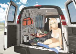 Rule 34 | 10s, 1girl, 2016, arm support, artist name, bag, bare arms, bare legs, beer can, blanket, blonde hair, blue sky, book, bottle, breasts, camisole, can, car, car interior, chopsticks, cleavage, closed mouth, clothes hanger, cloud, collarbone, collared shirt, cup, day, drink can, duffel bag, eyeliner, female focus, green eyes, head tilt, highres, instant ramen, large breasts, long hair, looking at viewer, makeup, mat, motor vehicle, mug, newspaper, nissin cup noodle, no pants, on floor, open book, original, panties, photo (object), poverty, road, sauce, shade, shirt, sitting, sky, smile, solo, soy sauce, spaghetti strap, spoon, street, striped clothes, striped shirt, table, throtem, tissue box, underwear, underwear only, unworn clothes, van, vertical-striped clothes, vertical-striped shirt, water boiler, water bottle, white panties, yokozuwari