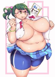 Rule 34 | 10s, 1girl, belly, blush, breasts, brown eyes, covered erect nipples, fat, female focus, glasses, green hair, highres, huge breasts, navel, nikuko (galko), no bra, obese, open clothes, orizen, oshiete! galko-chan, smile, solo, thick thighs, thighs, tongue, tongue out