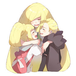 Rule 34 | 1boy, 2girls, :d, alternate color, backpack, bag, big hair, blonde hair, blush, brother and sister, closed eyes, creatures (company), game freak, gladion (pokemon), hair over one eye, happy, happy tears, hood, hood down, hoodie, hug, lillie (pokemon), long hair, long sleeves, lusamine (pokemon), mother and daughter, mother and son, multiple girls, nintendo, open mouth, pokemon, pokemon (anime), pokemon sm, pokemon sm (anime), ponytail, shirt, short hair, short sleeves, siblings, sidelocks, simple background, smile, tearing up, tears, torn clothes, unapoppo, upper body, very long hair, white background, white shirt
