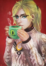 Rule 34 | 1girl, absurdres, aran sweater, bespectacled, black-framed eyewear, blonde hair, blue eyes, cable knit, casual, coffee, coffee cup, coffee mug, cup, disposable cup, glasses, highres, long hair, long sleeves, looking at viewer, mercy (overwatch), monori rogue, mug, overwatch, overwatch 1, ponytail, ribbed sweater, scrunchie, semi-rimless eyewear, signature, solo, steam, sweater, swiss flag, upper body, watermark, web address