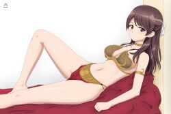 Rule 34 | 1girl, absurdres, acrux, bikini, blush, brave witches, breasts, brown eyes, brown hair, cleavage, closed mouth, collarbone, cosplay, dated, hair ribbon, highres, karibuchi takami, large breasts, long hair, looking at viewer, metal bikini, navel, princess leia organa solo, princess leia organa solo (cosplay), ribbon, solo, star wars, star wars: return of the jedi, swimsuit, world witches series