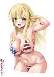Rule 34 | 1girl, :d, alternate costume, american flag bikini, american flag print, arm up, armpits, bare shoulders, bikini, blonde hair, blush, breasts, cleavage, collarbone, cowboy shot, double bun, ebifurya, flag print, fletcher (kancolle), groin, hair bun, hair flaps, halterneck, highres, kantai collection, large breasts, long hair, looking at viewer, navel, one-hour drawing challenge, open mouth, print bikini, print swimsuit, simple background, smile, solo, star (symbol), stomach, string bikini, striped bikini, striped clothes, swimsuit, twitter username, white background, yellow eyes