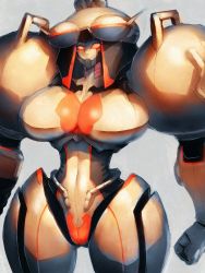 Rule 34 | 1girl, breasts, commentary request, covered navel, fumio (rsqkr), genderswap, genderswap (mtf), highres, huge breasts, looking at viewer, orange eyes, phobos (vampire), robot, solo, thick thighs, thighs, vampire (game)