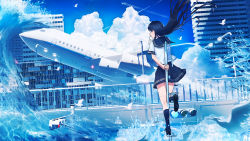 Rule 34 | 1girl, aircraft, airplane, animal, bird, black hair, blue sailor collar, blue skirt, city, cityscape, cloud, commentary, cup, day, drinking, drinking straw, highres, holding, holding cup, kenzo 093, kneehighs, long hair, original, outdoors, pleated skirt, railing, sailor collar, scenery, shirt, skirt, sky, socks, solo, traffic light, vehicle focus, water, waves, white shirt