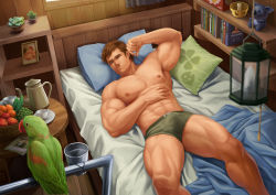 Rule 34 | 1boy, abs, alex (stardew valley), alternate pectoral size, apple, bad id, bad pixiv id, bara, bed, biceps, bird, blue eyes, book, boxer briefs, brown hair, bulge, candle, chest hair, cup, drawing (object), erection, erection under clothes, feet out of frame, food, fruit, grapes, green male underwear, highres, indoors, kiss, large pectorals, lying, magazine (object), male focus, male underwear, mature male, muscular, muscular male, navel, navel hair, nipples, on back, on bed, orange (fruit), parrot, pectorals, photo (object), picture frame, pillow, plant, saolin (wudangx), saucer, short hair, sideburns, solo, stardew valley, stomach, succulent plant, teacup, thick thighs, thighs, underwear, underwear only, wooden floor
