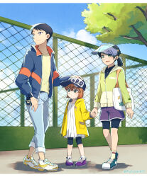 Rule 34 | 1boy, 2girls, :d, astrayin, baseball cap, bike shorts, black hair, black shorts, brown eyes, brown hair, character request, closed mouth, coat, collarbone, fence, flower, full body, green eyes, grey pants, hand on another&#039;s head, hat, highres, hood, hood down, hooded coat, long hair, long sleeves, meitantei conan, miyano akemi, miyano shiho, multiple girls, open clothes, open coat, open mouth, pants, ponytail, purple flower, purple shorts, shoes, short hair, short shorts, shorts, shorts under shorts, siblings, sisters, smile, sneakers, standing, visor cap, yellow coat