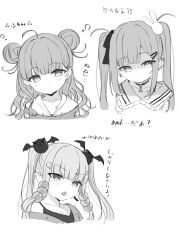Rule 34 | 3girls, ahoge, bat hair ornament, blush, bow, breasts, camisole, cleavage, closed mouth, collarbone, collared shirt, cropped torso, double bun, drawstring, fang, frilled shirt collar, frills, greyscale, hair bow, hair bun, hair ornament, hairclip, highres, hood, hood down, hoodie, jacket, long hair, monochrome, multiple girls, open clothes, open jacket, open mouth, original, portrait, rabbit hair ornament, shirt, sidelocks, simple background, small breasts, translation request, tsukiman, twintails, upper body, white background, yumeka tsukishiro