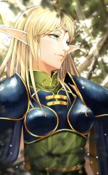 Rule 34 | 1girl, absurdres, armor, blonde hair, blue cape, boobplate, breastplate, cape, circlet, cleome94, closed mouth, day, deedlit, elf, green eyes, green shirt, highres, long hair, outdoors, pointy ears, record of lodoss war, shirt, shoulder armor, smile, solo, straight hair, sunlight, upper body