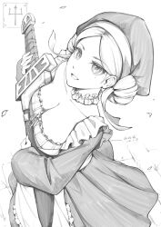 Rule 34 | 1girl, absurdres, bantish, breasts, chinese commentary, choker, cleavage, commentary request, dress, drill hair, greyscale, highres, holding, holding sword, holding weapon, lace, lace choker, large breasts, lineart, long sleeves, looking at viewer, looking up, luka (nozomanu fushi no boukensha), mole, mole under eye, monochrome, nozomanu fushi no boukensha, open mouth, parted bangs, short hair, simple background, smile, solo, standing, sword, weapon
