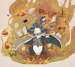 Rule 34 | 1girl, ahoge, akari-tkn, black hair, blue eyes, book, boots, breasts, brown cape, burning, cape, character name, commentary request, copyright name, dated, dress, fire, full body, fur-trimmed cape, fur-trimmed footwear, fur trim, holding, holding wand, long hair, magic, medium breasts, open book, open mouth, papers, pointy ears, purple dress, purple footwear, ragnarok online, rideword (ragnarok online), short dress, wand, wizard (ragnarok online)