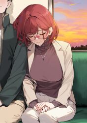 Rule 34 | 1boy, 1girl, 92m, brother and sister, brown pants, brown sweater, closed eyes, closed mouth, commentary request, evening, fingernails, glasses, highres, jacket, jewelry, kinshi no ane (92m), long sleeves, necklace, open clothes, open jacket, original, otouto (92m), pants, pink-framed eyewear, red hair, short hair, siblings, sleeping, smile, sweater, turtleneck, turtleneck sweater, white jacket, white pants
