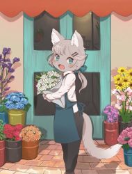 Rule 34 | 1girl, animal ears, apron, blue bow, blue eyes, blush, bouquet, bow, cat ears, cat tail, female focus, flower, flower shop, furry, furry female, grey fur, grey hair, hair bow, hair ornament, hairclip, looking at viewer, open mouth, original, plant, po! (popoemo), ponytail, potted plant, shop, solo, standing, tail
