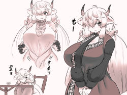 Rule 34 | 1girl, alternate costume, animal ears, black horns, blush, breasts, brown eyes, dress, extra ears, gloves, grey horns, greyscale, hair over one eye, horns, huge breasts, kemono friends, kemono friends 3, long hair, looking at viewer, mo23, monochrome, multicolored horns, ox ears, ox girl, ox horns, pout, ribbon, shirt, short sleeves, sleeping, solo, tail, twintails, very long hair, white hair, yak (kemono friends)