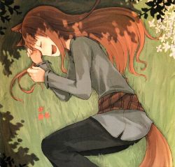 Rule 34 | 00s, 1girl, absurdres, animal ears, ayakura juu, brown hair, closed eyes, fang, female focus, highres, holo, light novel, long hair, lying, nature, official art, outdoors, scan, smile, solo, spice and wolf, tail, wolf ears, wolf tail